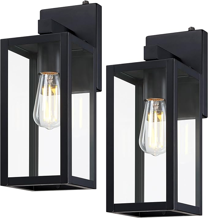 GRUENLICH Dusk to Dawn Large Outdoor Wall Lantern, Wall Sconce as Porch Lighting Fixture, E26 Base Max 60W, Metal Housing with Glass Shade (Black, 2-Pack)