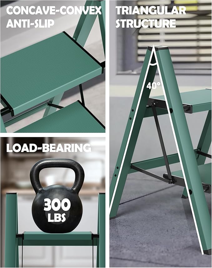 Taranta 2 Step Ladder,Aluminum Lightweight Folding 2 Step Stool with Anti-Slip Wide Pedal,330lbs Capacity Step Ladder for Household,Kitchen,Office - Green