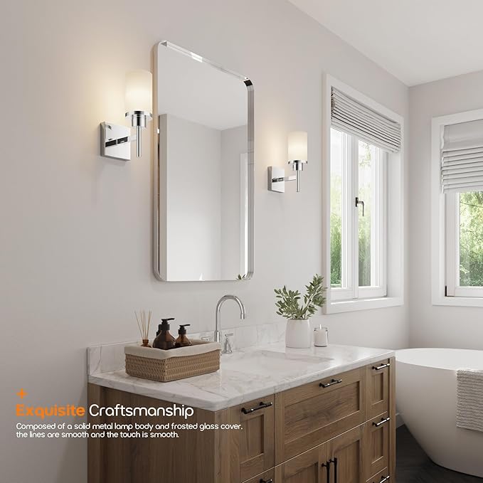 Vanity Lights Polished Chrome Bathroom Light Fixtures with White Frosted Glass Shade, Wall Sconces for Mirror Hallway Entrance, 2 Pack T001CH-L1-P2