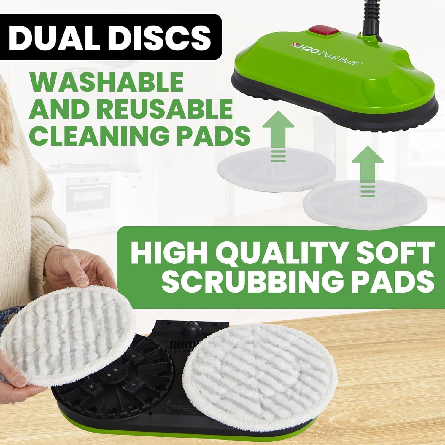 H2O Dual Buff Hard Floor Cleaner, Cordless Electric Mop - Rechargeable Hard Floor Cleaner Head – Scrub, Buff, and Polish with Washable Microfiber Cloths - Spray Mop for Hardwood Floors, Laminate, Tile