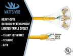 Outdoor Extension Cord Waterproof (15 ft) 12 Gauge Heavy Duty Extension Cord Splitter - Lighted Outdoor Extension Cords with Multiple Outlets - Watts Wire - 15' Grounded - extensiones electricas