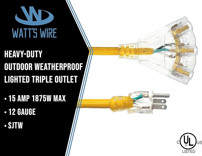 Outdoor Extension Cord Waterproof (6 ft) 12 Gauge Heavy Duty Extension Cord Splitter - Lighted Outdoor Extension Cords with Multiple Outlets - Watts Wire - 6' Grounded - extensiones electricas