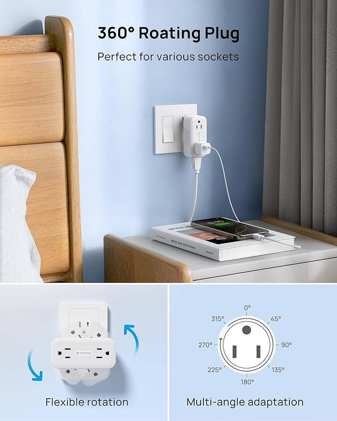 TROND 360 Rotating Outlet Extender 2 Pack, 4 AC Plug Adapter, 900 Joules Surge Protection, 3 Way Charging Station, Multi Plug Wall Outlet for Home Office Travel Dorm Essentials, White