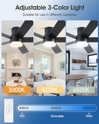 42 Inch Black Ceiling Fan with Light Flush Mountand Remote Control,Dimmable 3 Color Temperatures LED Ceiling Fan,6 Speeds Reversible DC Motor,5 Blades Modern Ceiling Fans for Indoor or Covered Outdoor