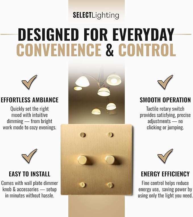 2-Gang Satin Solid Brass Rotary Dimmer Switch, 15A 120V AC Wall Mount, TRIAC/Leading Edge 1-Way Compatible, Dimmable LED Light Control with Knob, Faceplate & Dimming Module