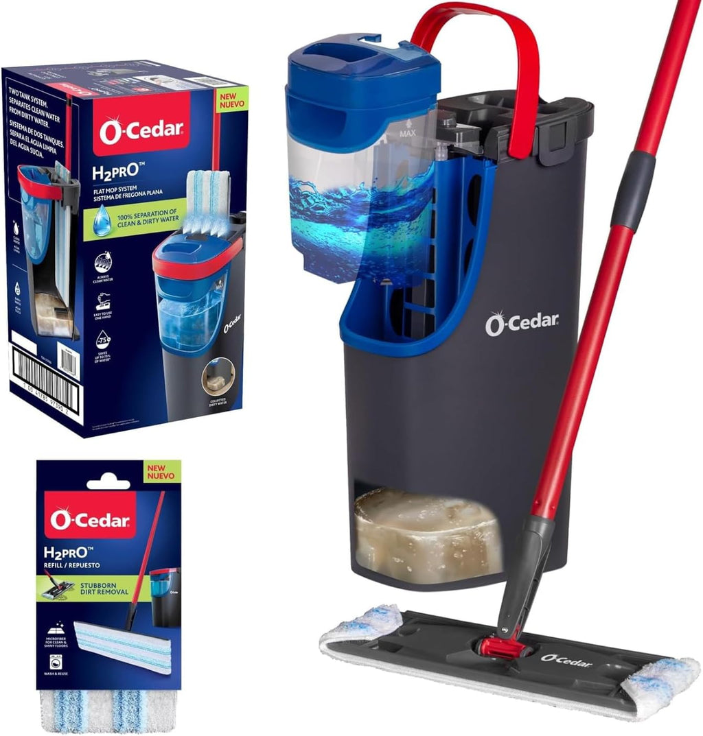O-Cedar H2prO Flat Mop System with 1 Mop Head Refill | Quick Cleaning Tool | Clean with Clean Water | Machine Washable Reusable Microfiber Mop Pad | Safe on Wood Floors, Vinyl, Tile, Baseboards, Walls