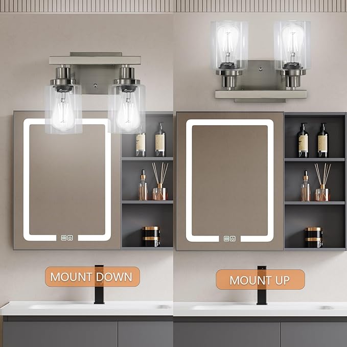 Bathroom Vanity Light, 2-Light Nickel Modern Matte Wall Sconce Lighting with Clear Glass Shade, Wall Lights,Bath Vintage Wall Mounted Lamps for Mirror Bedroom Living Room