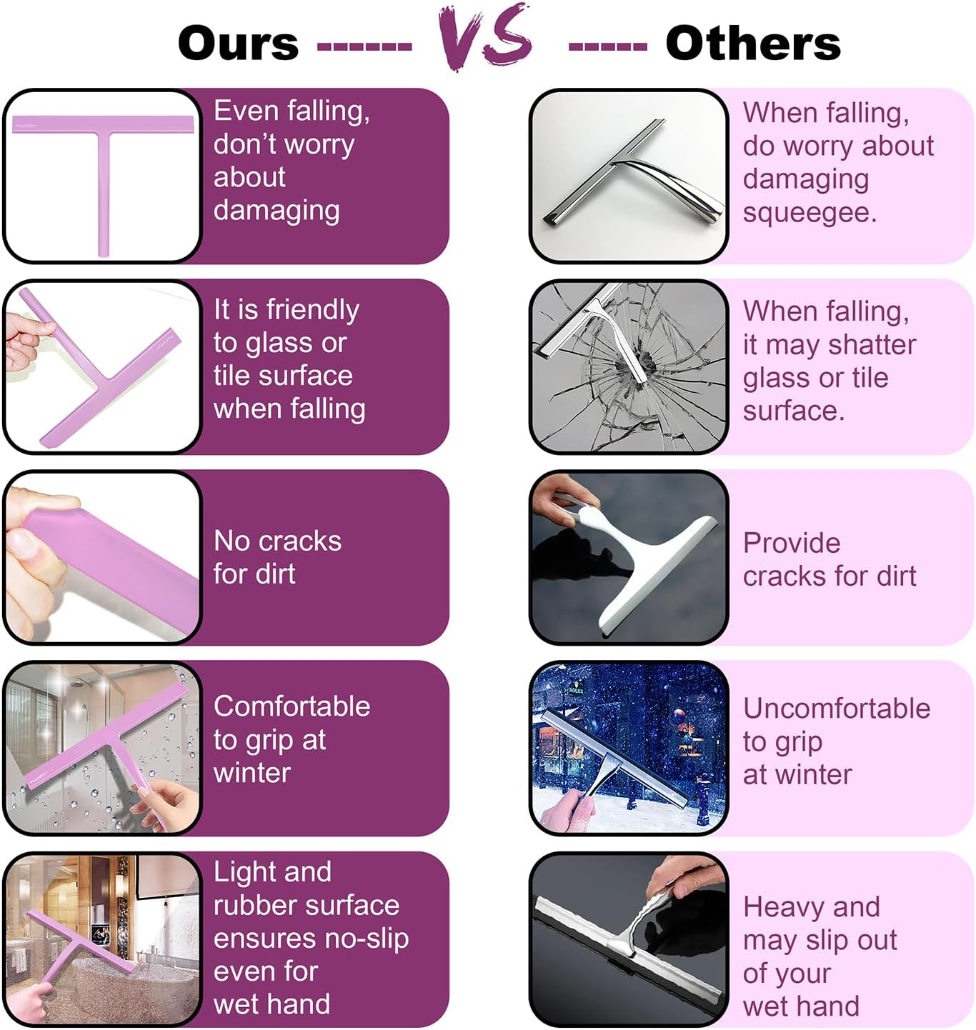 Shower Squeegee with Silicone Hook, 11" Inch Width All Purpose Squeegee Wiper for Shower Glass Doors Bathroom Mirror Tiles Car Window Cleaner Tool - Pink