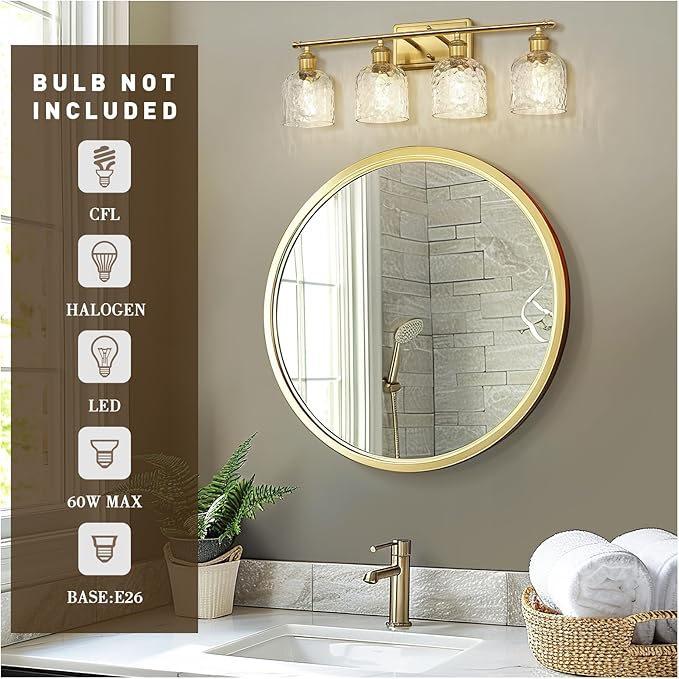 zeyu 27'' Modern Vanity Lights Over Mirror, 4-Light Brushed Gold Wall Light for Mirror Bedroom, Brushed Gold Finish with Clear Hammered Glass, ZJF63B-4W BG