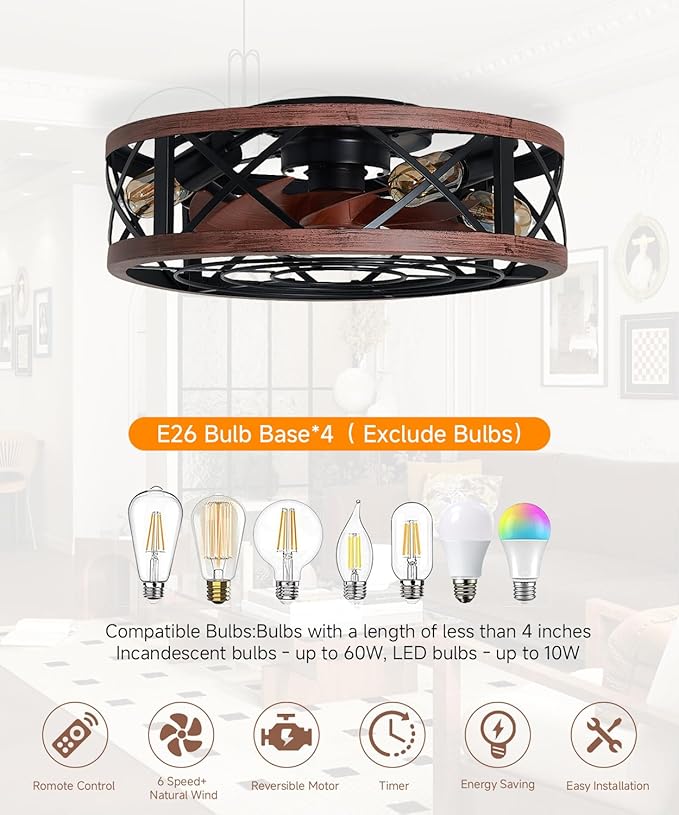 19'' Caged Ceiling Fans with Lights and Remote, Fandelier Ceiling Fan with Light, 6 Speeds and Reversible, Low Profile Ceiling Fan with Light for Bedroom, Living Room and Kitchen