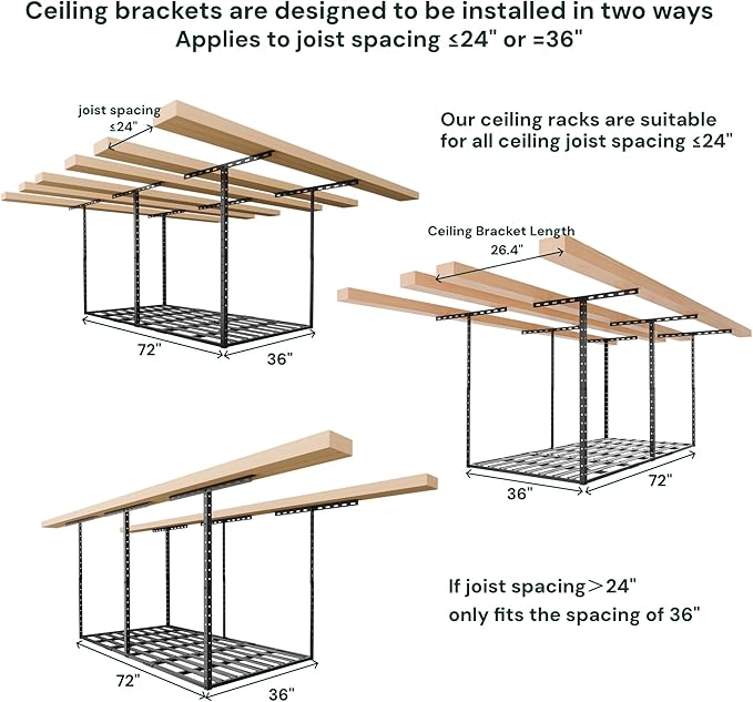 SunsGrove 3x6 Garage Storage Overhead Rack Organization, Adjustable Ceiling Mounted Storage Racks, 800LBS Weight Capacity, 22"-40" Ceiling Dropdown, Black