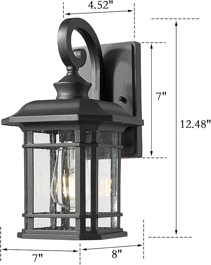ALLGOT Exterior Wall Sconce, Outdoor Waterproof Wall Mount Light Fixture, Anti-Rust Matte Black Finish Outdoor Lighting Fixture with Seeded Glass Lampshade (Black, 12.48 Inch Height)