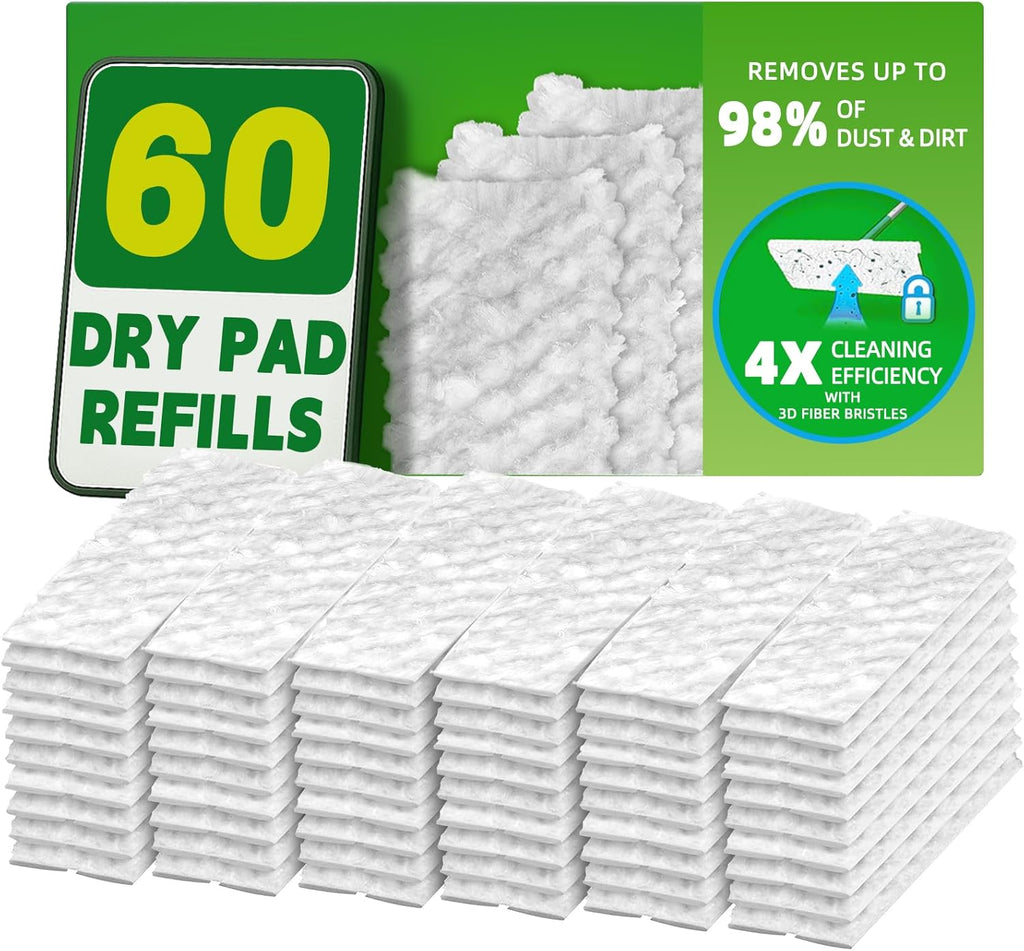 Dry Mop Refills Thickened and Feathery Pads 60 Count for Dirt, Pet Hair and Dust, Compatible with Swiffer Sweeper and ClicLak Regular Mop, Disposable Sweeping Cloths for Floor Mopping and Cleaning