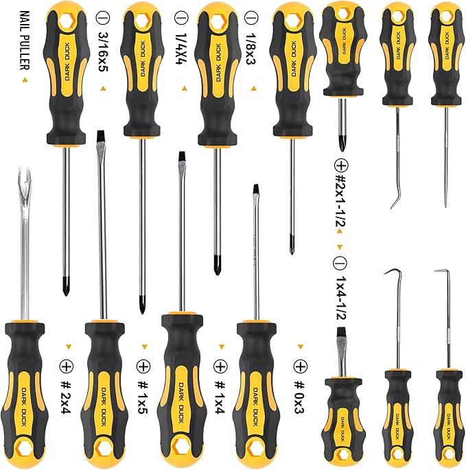 16pcs Magnetic Screwdriver Set, Chrome Vanadium Steel,Polished Finish,5 Phillips and 4 Flat Head Tips, Includes Pick & Hook Tools, for Mechanics, Construction, Carpentry