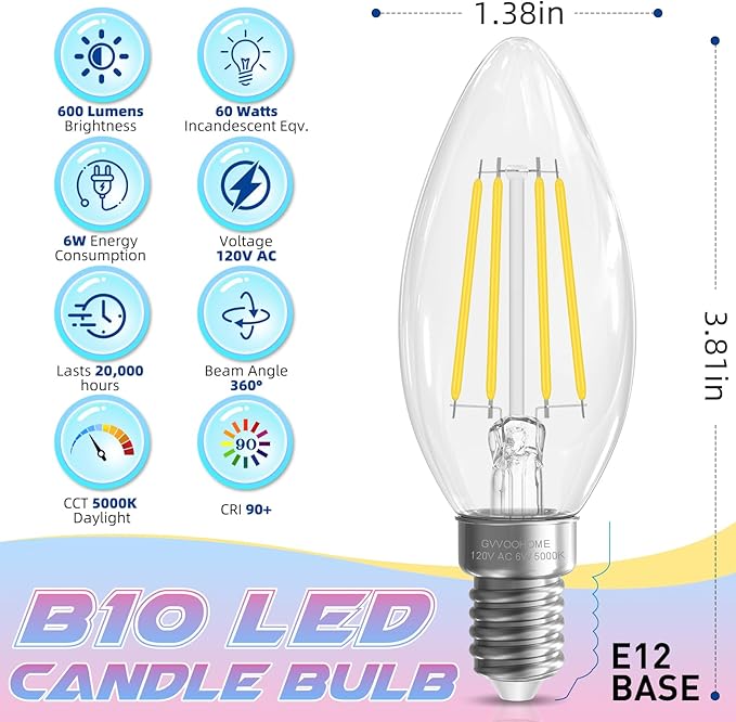 Candelabra Light Bulbs 5000K Daylight, 6W Equivalent to 60 watt, E12 LED Bulb Non-Dimmable, LED Chandelier Bulbs, B10 Candle Bulb, 90+CRI, 600LM, Cear Glass, 6 Pack