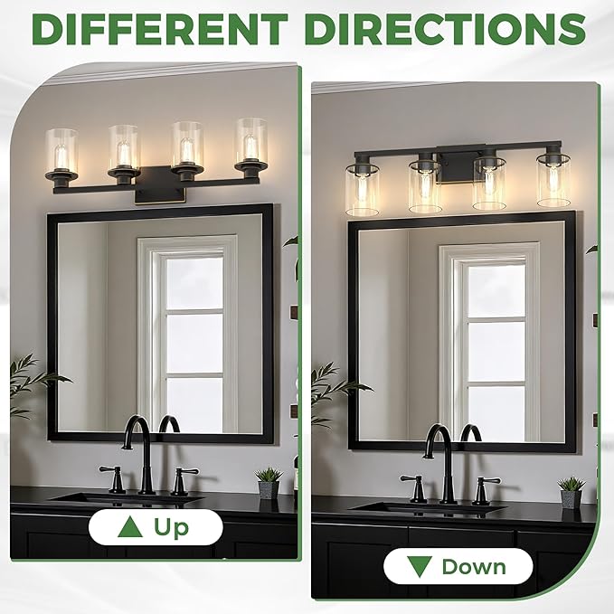 DORESshop 4-Light Vanity Light Fixtures, Black with Gold Trim Bathroom Light Fixtures Over Mirror with Clear Glass Shade, Modern Vanity Lights for Living Room Bedroom