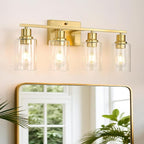 EMONG Gold Bathroom Light Fixtures,4-Lights Brushed Brass Vanity Light with Clear Glass Shade,Modern Wall Sconces for Hallway, Farmhouse,Living Room
