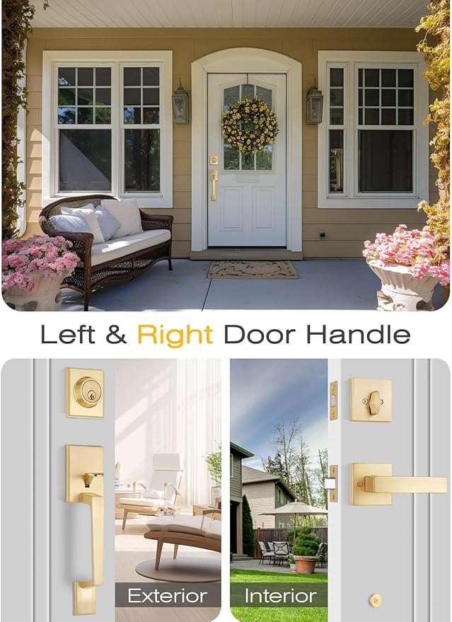 2 Sets Entry Door Handle and Single Cylinder Deadbolt Lock and Key Combo Pack - Heavy Duty Square Locking Lever Set - Interior/Exterior Door Levers in Satin Brass Finish