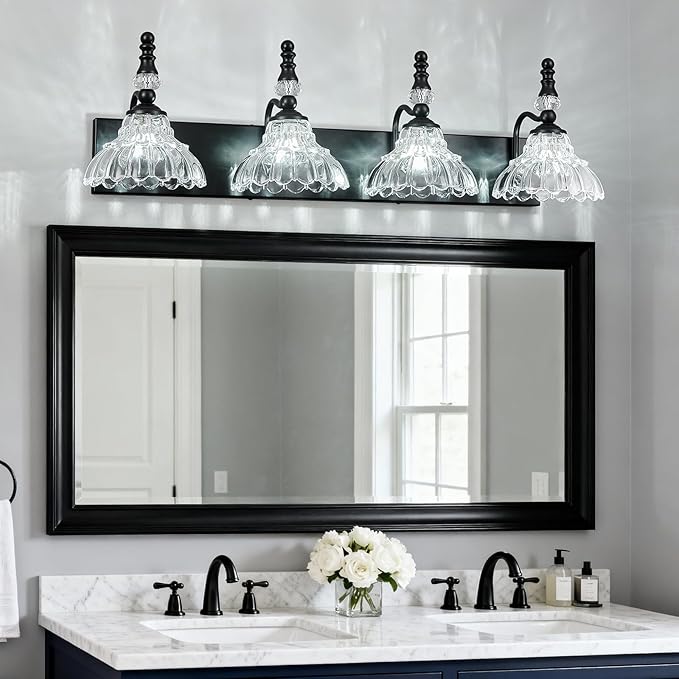 Vintage Bathroom Vanity Light, 4-Light Black Vanity Lighting Fixture with Flower Glass Shade, Bathroom Lighting Fixtures Over Mirror