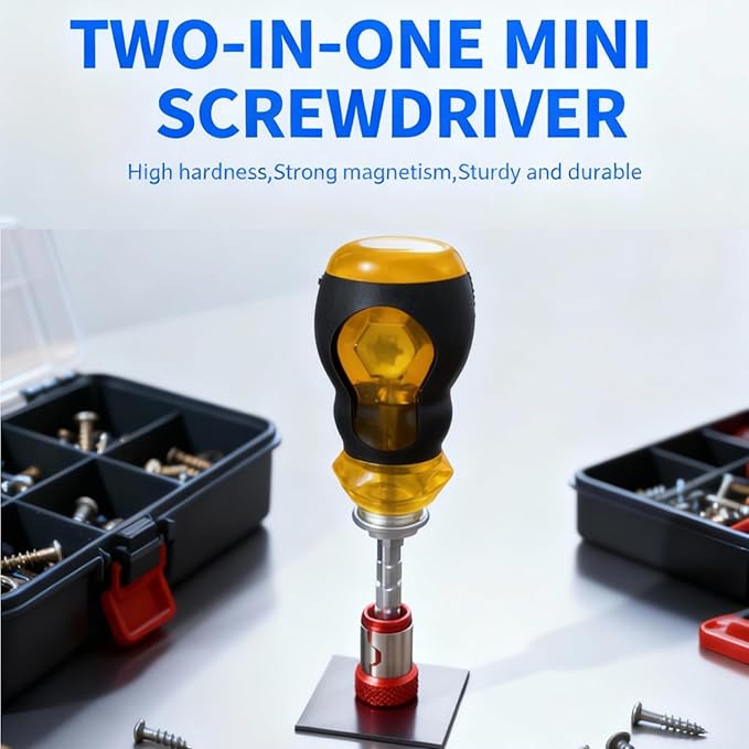 TJ Tool Short Screwdriver, 2-in-1 Stubby Screwdriver with 1/4-Inch Phillips, Slotted, Extended T-Handle