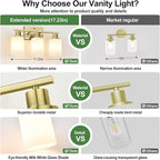 3-Light Bathroom Light Fixtures, Brass Vanity Light with Milky White Shades, Bathroom Lighting Fixtures Over Mirror, Modern Bathroom Wall Lamp for Mirror Living Room Cabinet Bedroom