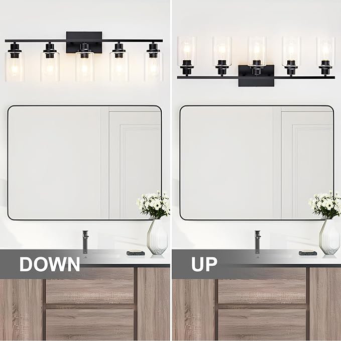 5 Light Bathroom Light Fixtures Black Vanity Light Over Mirror Modern Farmhouse Wall Lighting Sconces Wall Lamp for Bathroom, Bedroom, Living Room E26 Socket with Glass Shade
