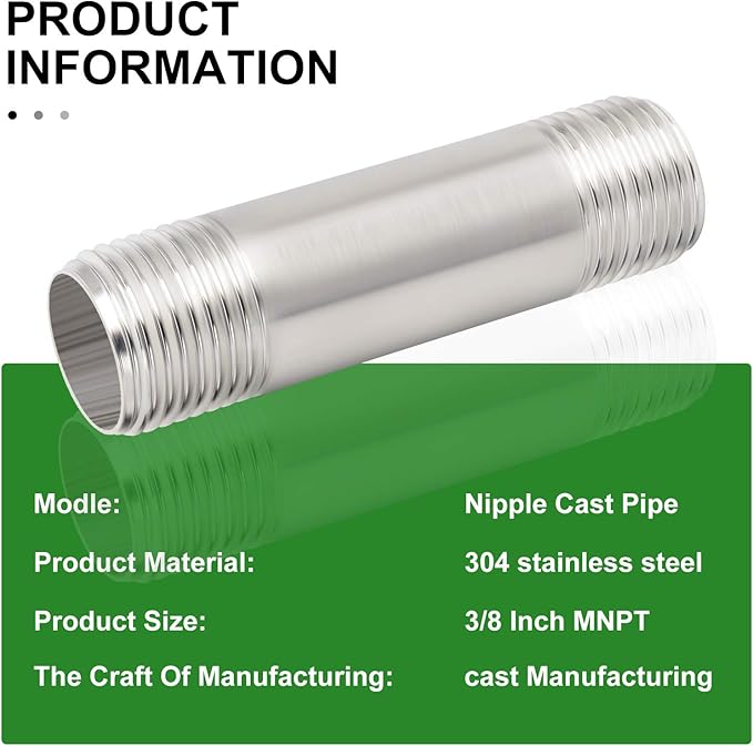 TAISHER 4PCS Stainless Steel Pipe Fittings, 3/8" NPT x 3/8" NPT Male Threaded, 2" Length Nipple Cast Pipe
