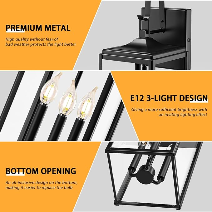 24" Extra Large Outdoor Wall Light 2 Packs, Black Exterior Lighting Fixtures Outdoor Porch Lantern Wall Mounted, Waterproof Modern Outside Wall Sconce, E12 3-Light Coach Lamp for House Patio Garage