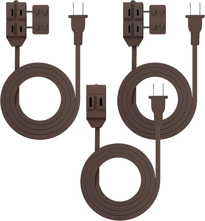 HBN Extension Cord, 3-Pack 3FT Brown, 2 Prong Indoor Extension Cord 16/2 SPT-2, 13A, 1625 W, 3-Outlet Extension Cords for Home/Office Use