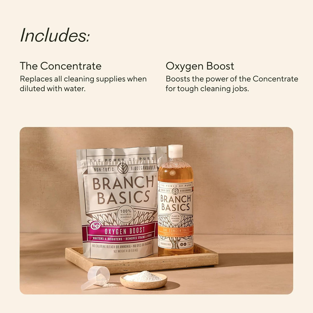 Branch Basics Concentrate (33.8 oz) + Oxygen Boost (2 lbs) | Multi-Surface All Purpose Cleaner Concentrate + Natural Stain Remover, Grout Cleaner | Human-Safe, Fragrance Free