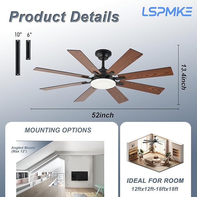 52 Inch Ceiling Fans with Lights, Brown Ceiling Fan with Light and Remote Control, Reversible DC Motor, 3CCT, Dimmable, Timer, Noiseless, Ceiling Fan for Bedroom Living Room, Indoor/Outdoor Use