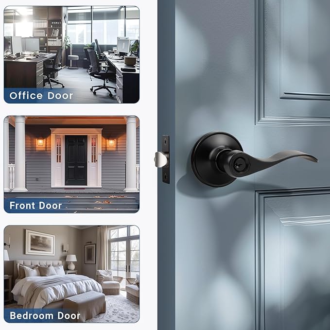 Knobonly 6 Pack Keyed Alike Bathroom/Bedroom Door Lock, Matte Black Front Door Handle, Exterior Door Handle, Same Key for Each Pack, Zinc Alloy