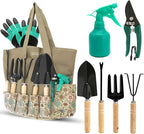 Scuddles 9-Piece Garden Tool Set – Heavy Duty Stainless Steel Gardening Tools with Non-Slip Rubber Grip Handles, Weed Puller Tool, Garden Gloves with Fingertip Claws, and Reinforced Storage Tote Bag