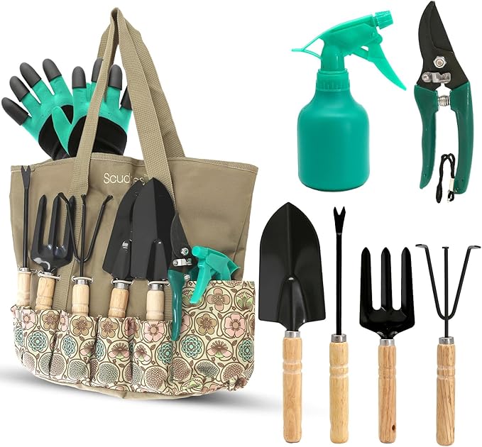 Scuddles 9-Piece Garden Tool Set – Heavy Duty Stainless Steel Gardening Tools with Non-Slip Rubber Grip Handles, Weed Puller Tool, Garden Gloves with Fingertip Claws, and Reinforced Storage Tote Bag