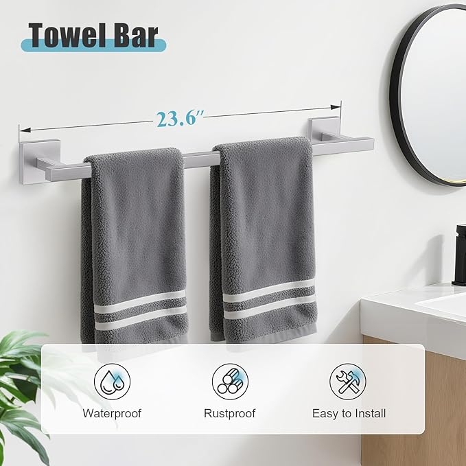 YACVCL 5-Pieces Brushed Nickel Bathroom Hardware Accessories Set Towel Bar Set Upgraded Toilet Paper Holder with Shelf Stainless Steel Wall-Mounted Bathroom Hardware Set 23.6 Inch