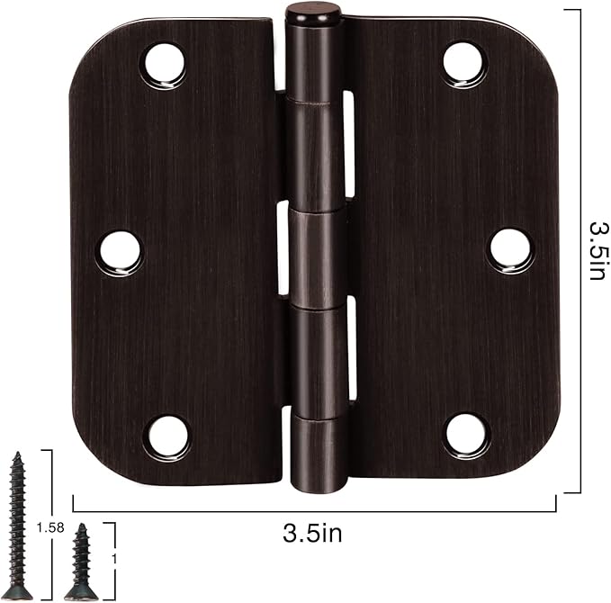 6 Pack Oil Rubbed Bronze Door Hinges 3.5" x 3 1/2 Inch Black Brushed Interior Hinge Rounded 5/8" Radius Corner 3 ½"Iron Residential Standard Bedroom Bifold Single Double Doors Hardware Kit