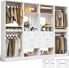 Unikito 100” Closet System with Drawers, 8.3FT Wood Closet Organizer with Hanging Rods and Mirror Design, Reversible Large Walk in Wardrobe Garment Rack with Shelves, Sturdy Closet Tower, White