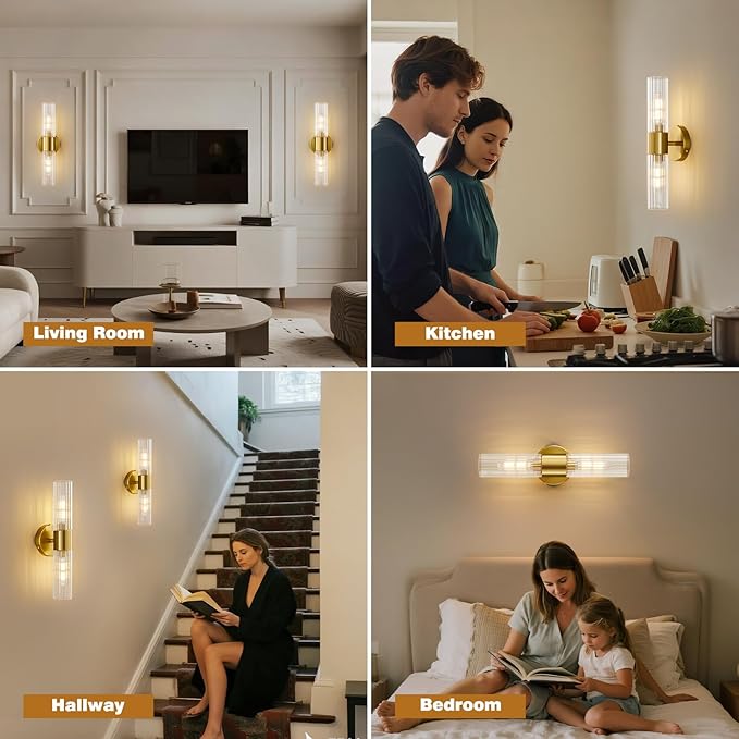 Bathroom Light Fixtures 2-Light, Modern Vanity Light for Bathroom, Wall Sconce, Bath Light with Glass Rods Shades for Mirror Bedroom Hallway (Brushed Brass)