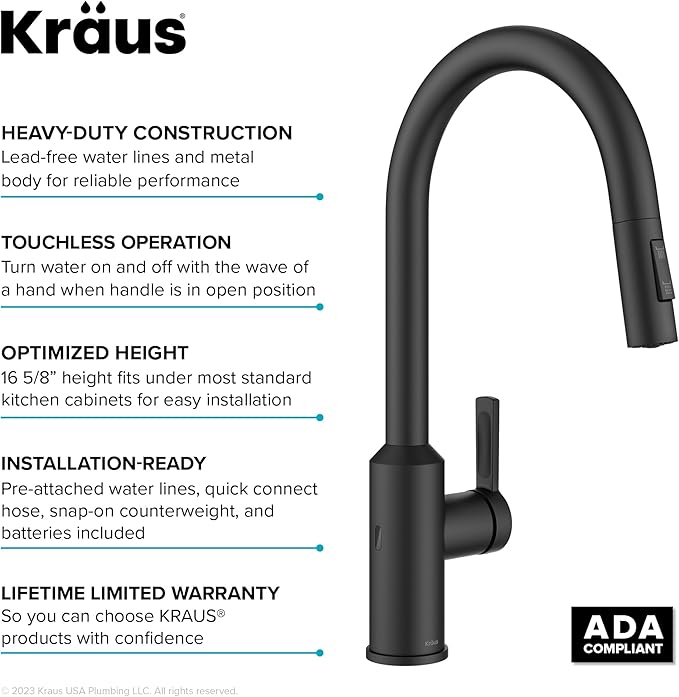 KRAUS Oletto Touchless Sensor Pull-Down Single Handle Kitchen Faucet in Matte Black, KSF-2830MB