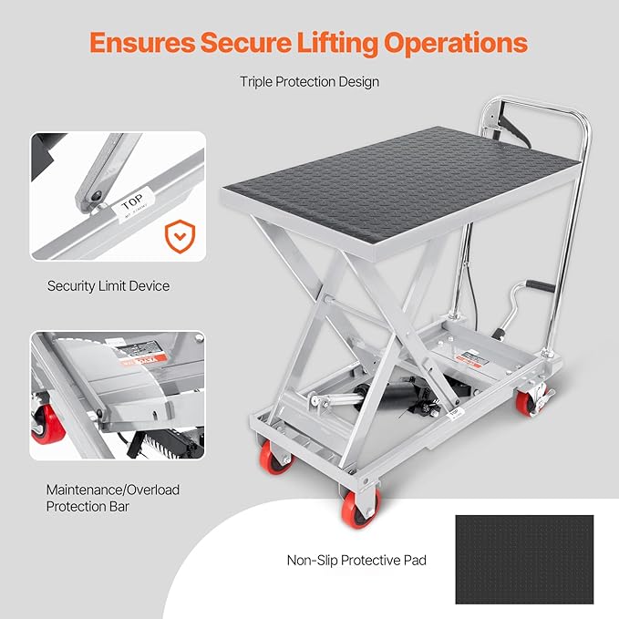 VEVOR Hydraulic Lift Table Cart, 500lbs Load Capacity 28.5 Inch Lifting Height, Manual Single Scissor Lift Table with 4 Wheels and Non-Slip Pad, Hydraulic Scissor Cart for Material Handling, Gray