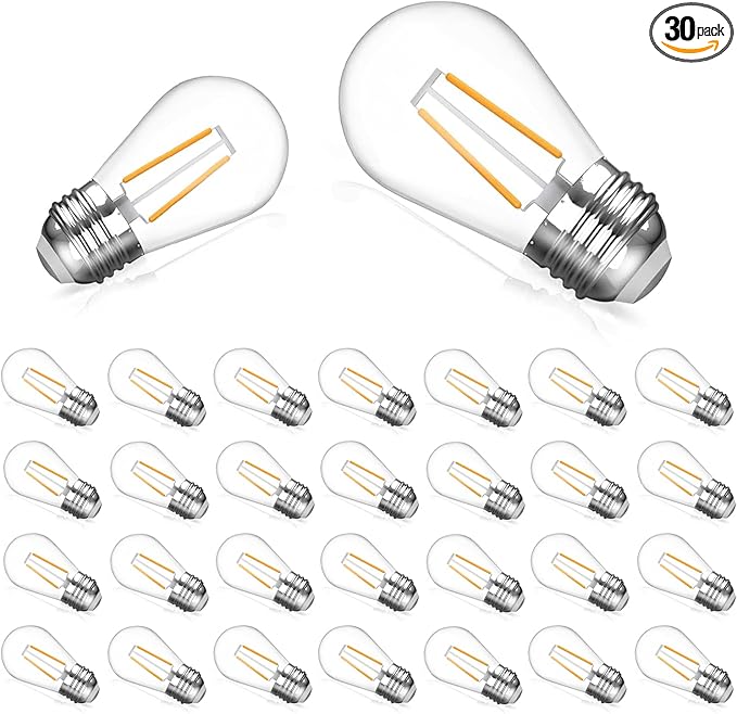 Replacement Bulbs for String Lights, 2W S14 Shatterproof Outdoor LED Light Bulbs, 2700K Soft White, E26 Base, AC120V, Not Dimmable, 30 Pack