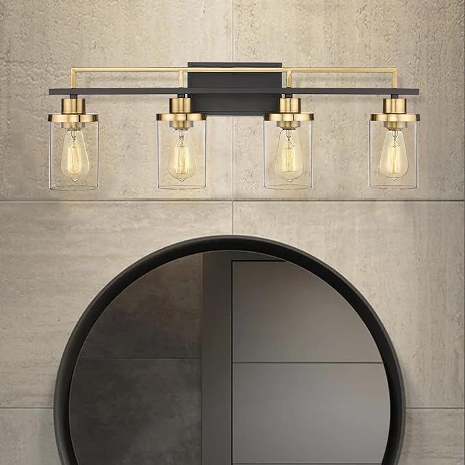 Emliviar Modern Bathroom Vanity Light - 4-Light Wall Lights for Bathroom, Black and Gold Finish with Clear Glass, YCE238B-4W BK+BG