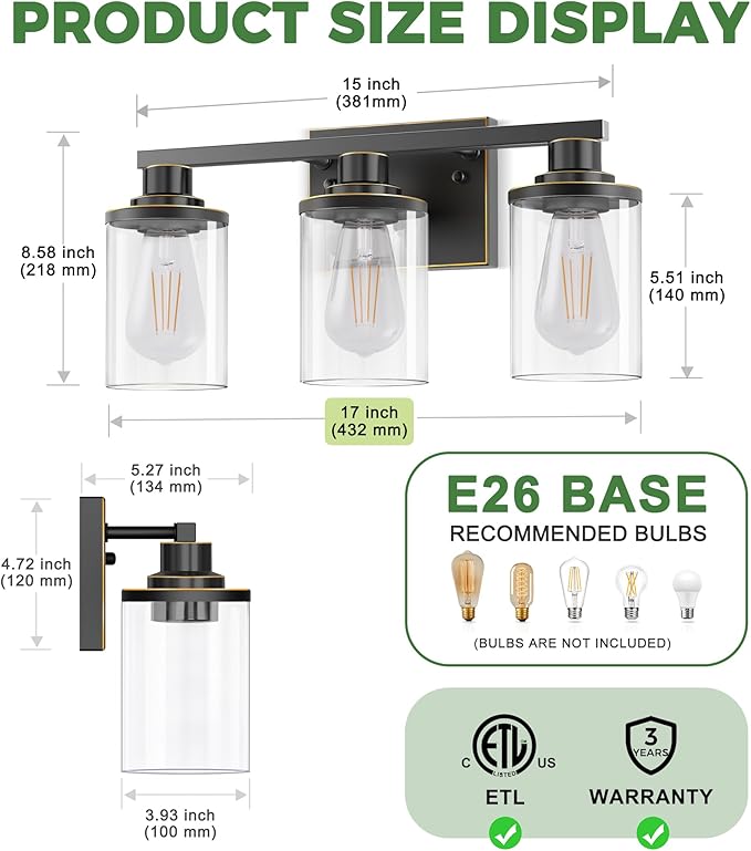DORESshop 17 Inch Bathroom Light Fixtures, 3-Light Black with Gold Trim Bathroom Lighting Fixtures Over Mirror with Clear Glass Shade, Vanity Lights for Living Room Bedroom