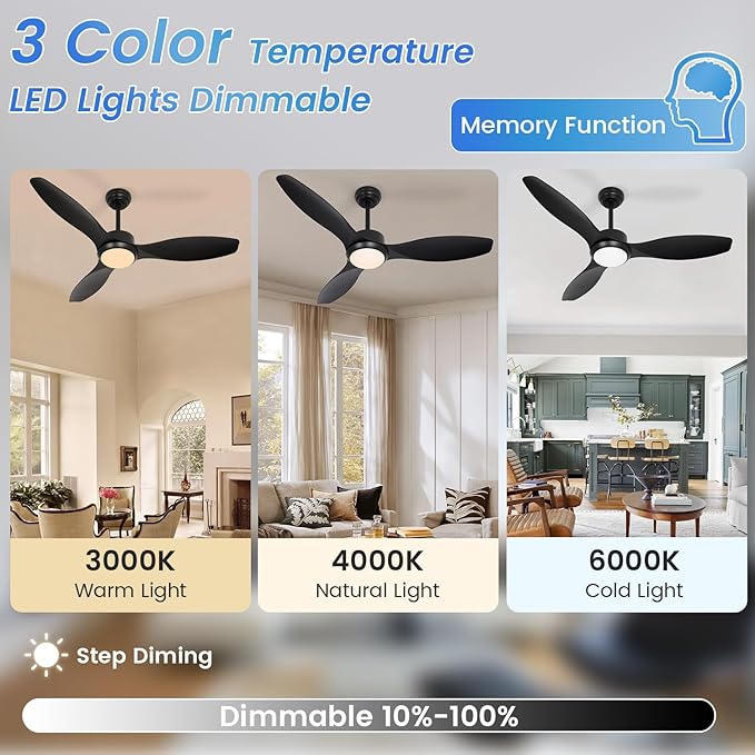 48 inch Ceiling Fans with Lights,Black Ceiling Fan with Light and Remote,3 Color Light,6 Speed,DC Motor,for Bedroom/Outdoor/Patios,Black