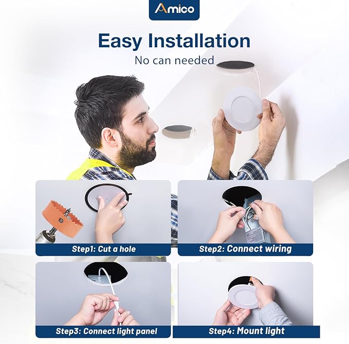 Amico 12 Pack 3 Inch 5CCT Ultra-Thin LED Recessed Ceiling Light with Junction Box, 2700K/3000K/3500K/4000K/5000K Selectable, 7W Eqv 60W, Dimmable Canless Wafer Downlight, 500LM High Brightness -ETL