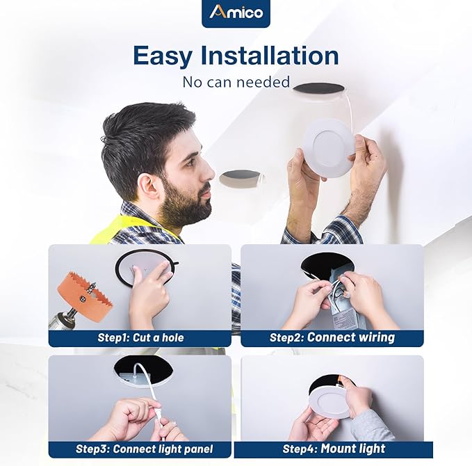 Amico 24 Pack 3 Inch 5CCT Ultra-Thin LED Recessed Ceiling Light with Junction Box, 2700K/3000K/3500K/4000K/5000K Selectable, 7W Eqv 60W, Dimmable Canless Wafer Light, 500LM High Brightness, ETL&FCC