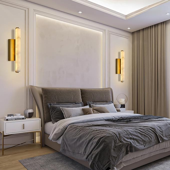 Alabaster Wall Sconces, 15in Brass Alabaster Sconce, Modern Spanish Natural Marble Sconces Lights, Rectangle Gold Sconces for Bathroom Vanity Bedroom Living Room Staircases Hallway