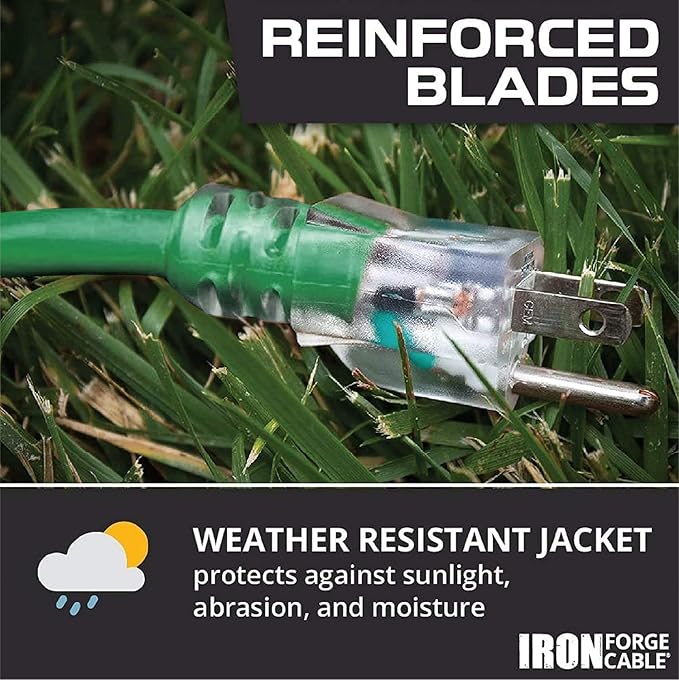 Iron Forge Cable Weatherproof 50 Ft Outdoor Extension Cord - 14/3 SJTW 15 Amp Heavy Duty Green Extension Cord 3 Prong - Lighted End