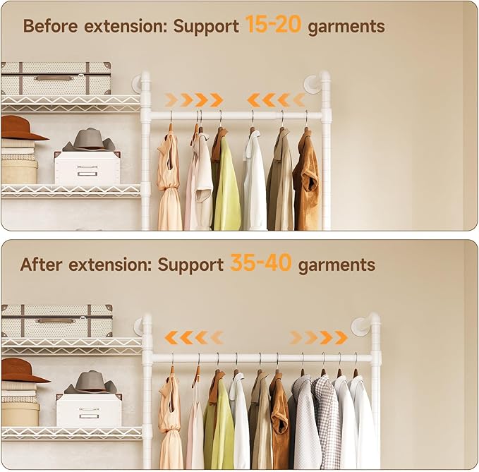 H6 Wall Mounted Closet System, Industrial Pipe Clothes Rack Clothing Racks with 6 Telescopic Rods & 3 Fixing Rods & 9 Shelves, Heavy Duty Closet Organizers and Storage in Wardrobe Closet (White)