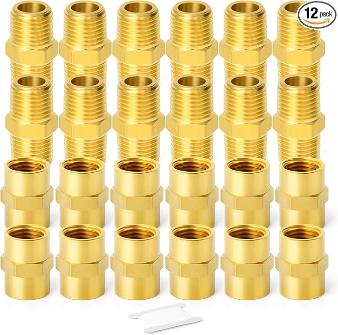GASHER 12PCS Metals Brass Pipe Fitting, Hex Nipple Brass Hex Coupler, 1/2" x 1/2" NPT Male Thread Pipe, 1/2Inch x 1/2Inch NPT Female Thread Pipe